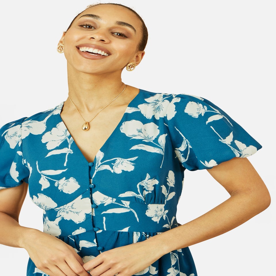 Yumi Teal Floral Button Down Floral Midi Dress