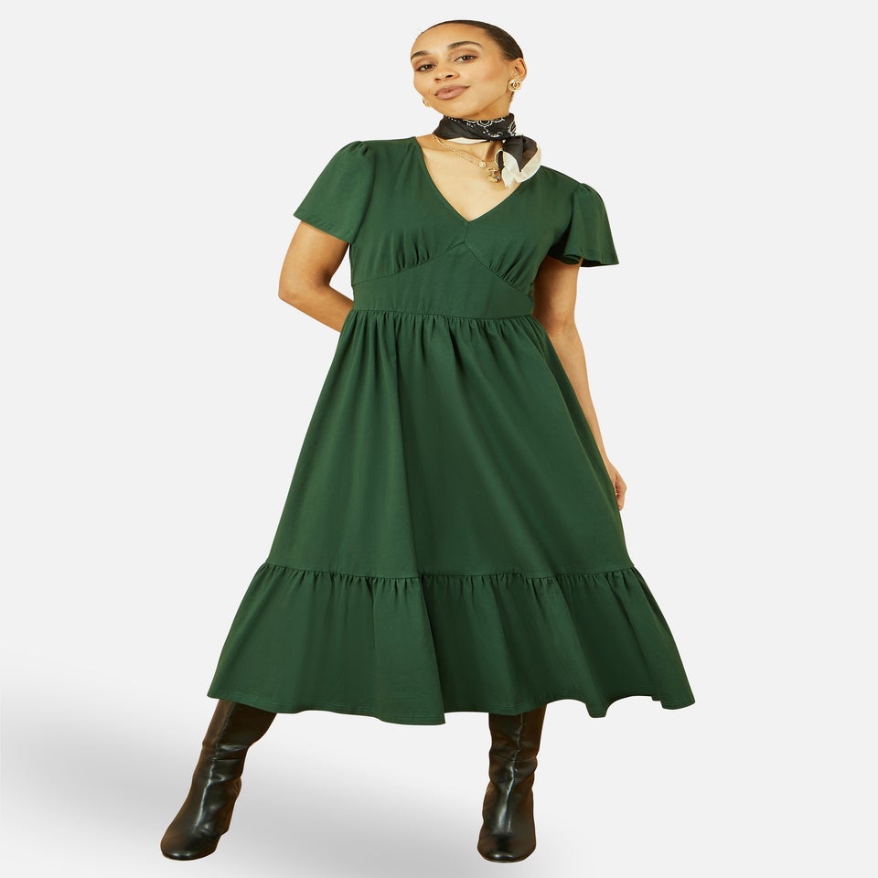 Yumi Green Cotton Jersey V Neck Midi Dress