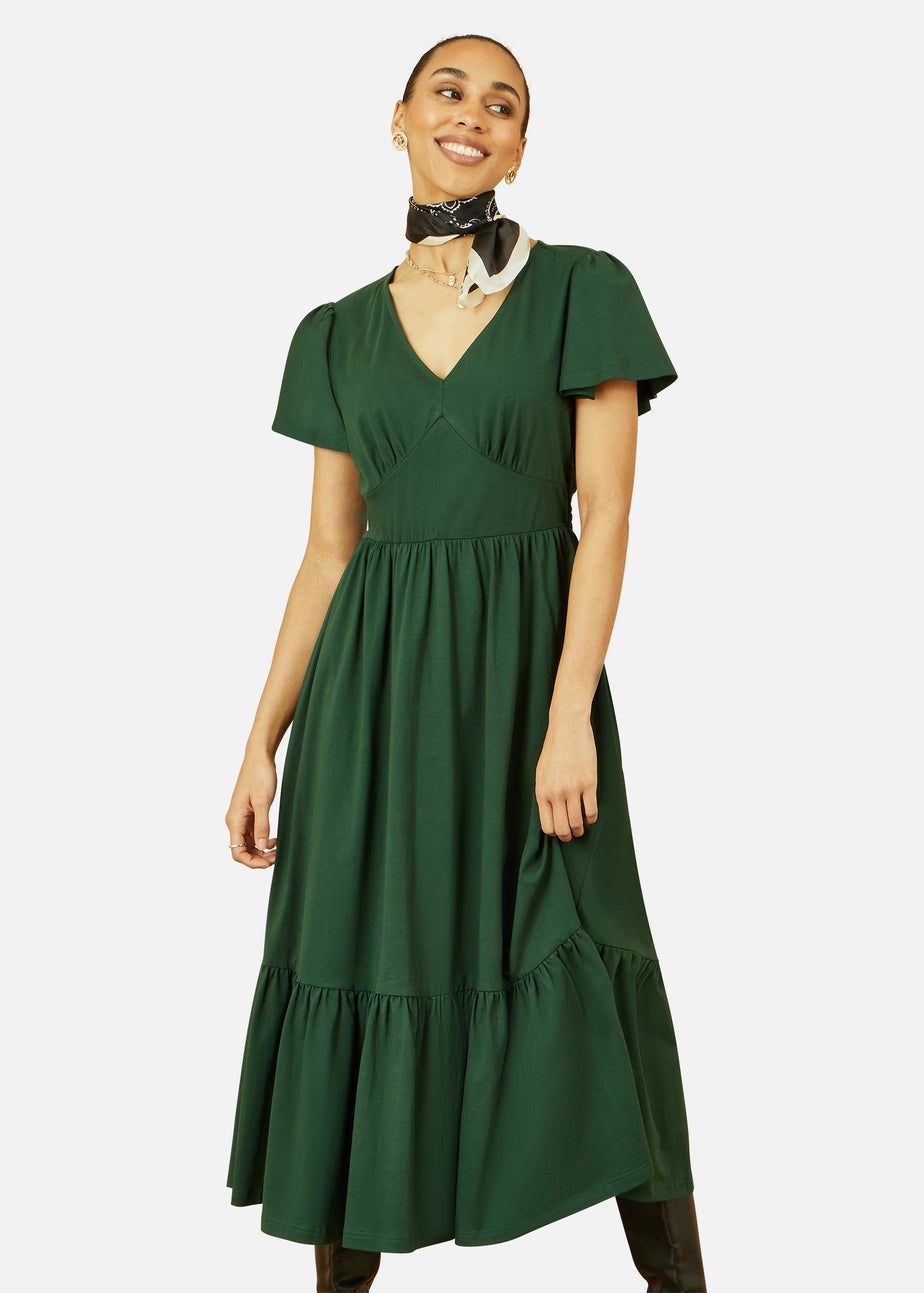 Yumi Green Cotton Jersey V Neck Midi Dress