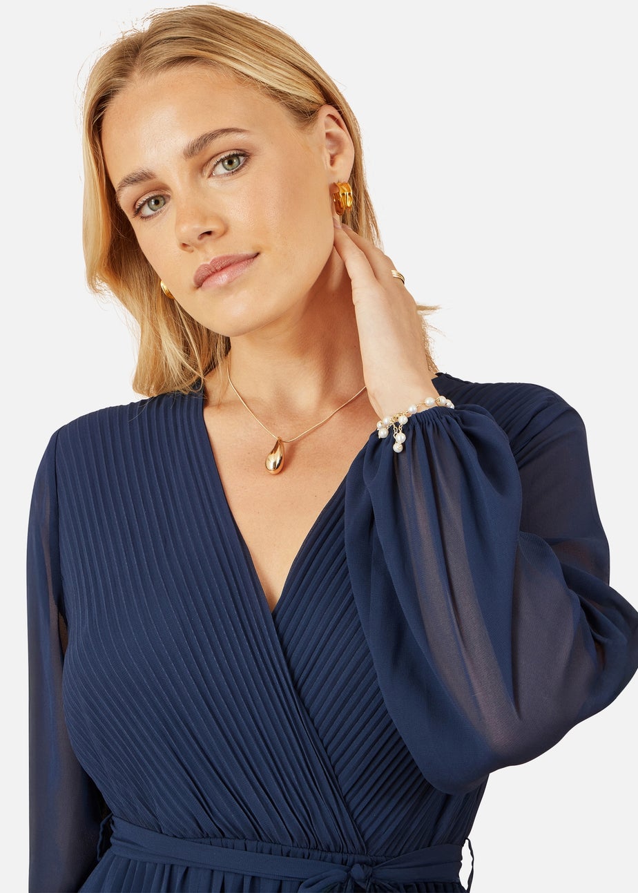 Yumi Navy Pleated Wrap Midi Dress With Sheer Long Sleeves