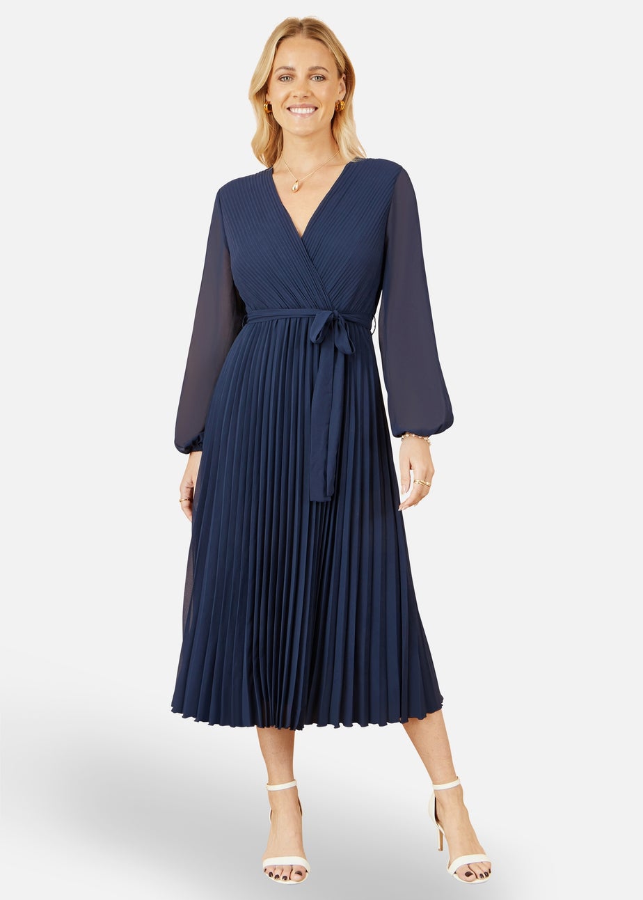 Yumi Navy Pleated Wrap Midi Dress With Sheer Long Sleeves