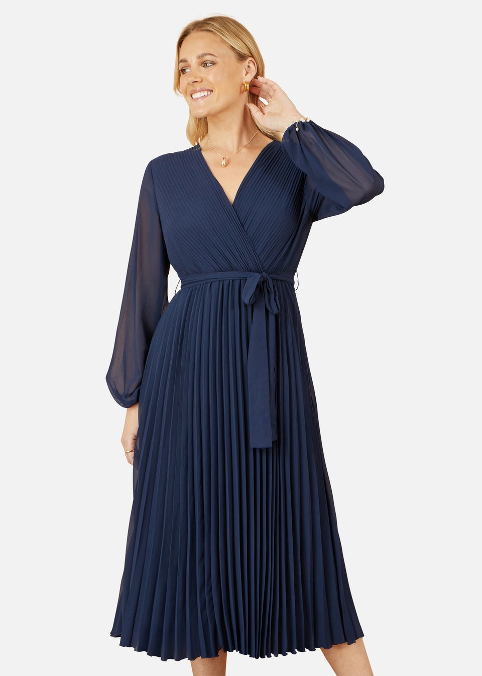 Yumi Navy Pleated Wrap Midi Dress With Sheer Long Sleeves