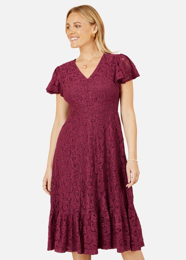 Yumi Burgundy Stretch Lace Puff Sleeve Midi Dress