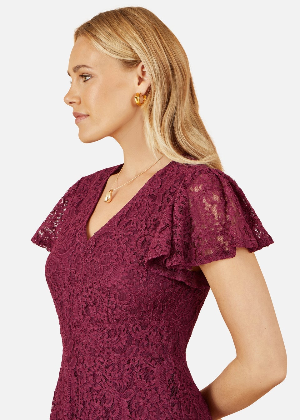 Yumi Burgundy Stretch Lace Puff Sleeve Midi Dress
