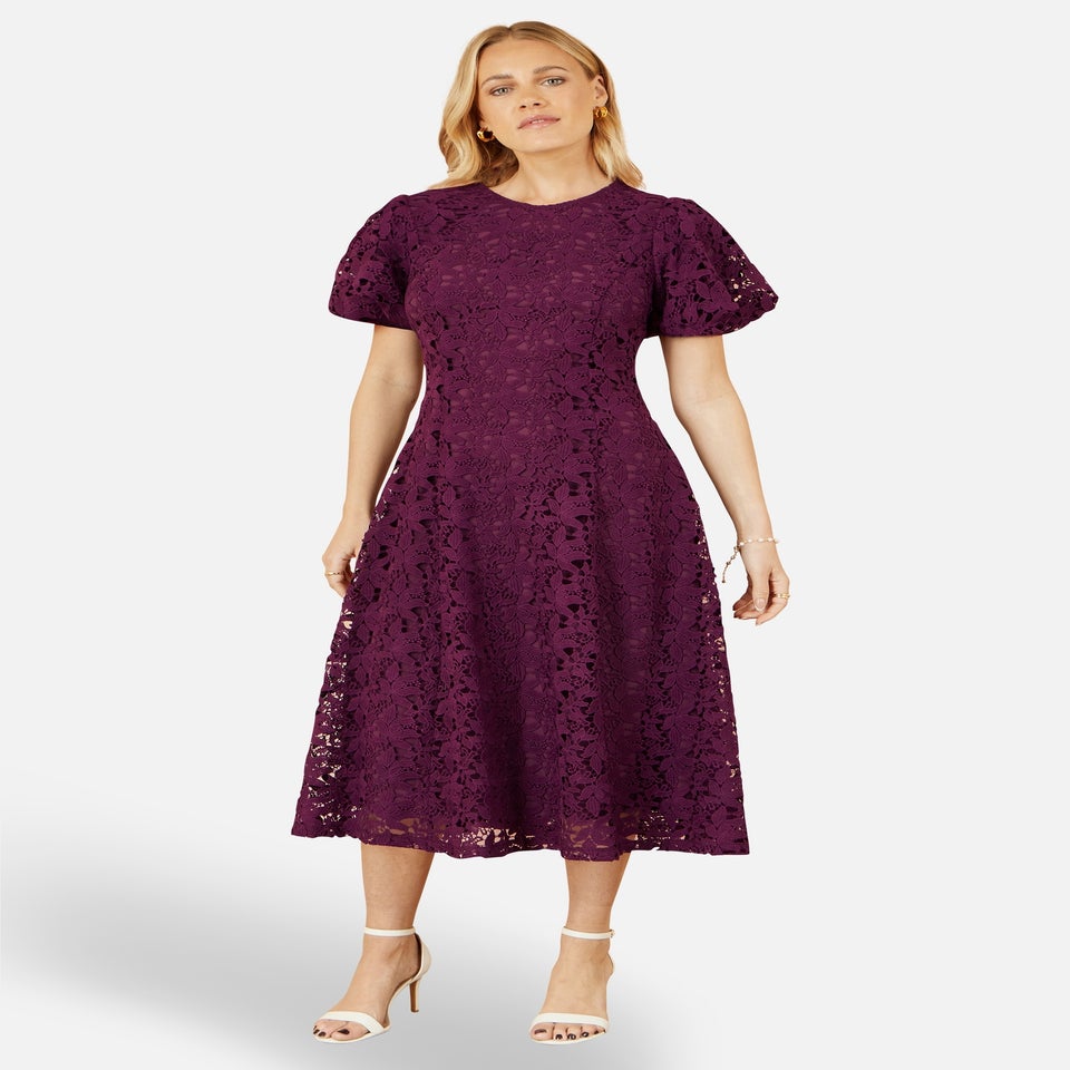 Yumi Burgundy Stretch Lace Puff Sleeve Midi Dress