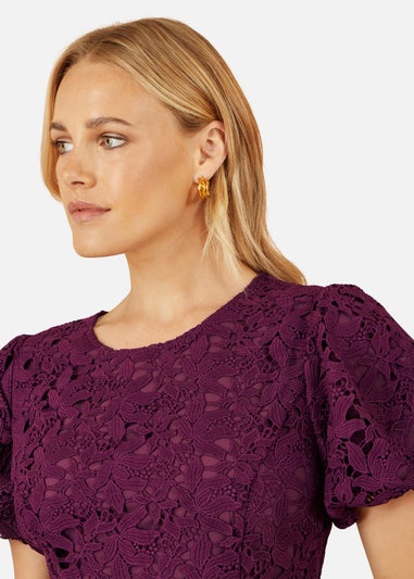 Yumi Burgundy Stretch Lace Puff Sleeve Midi Dress