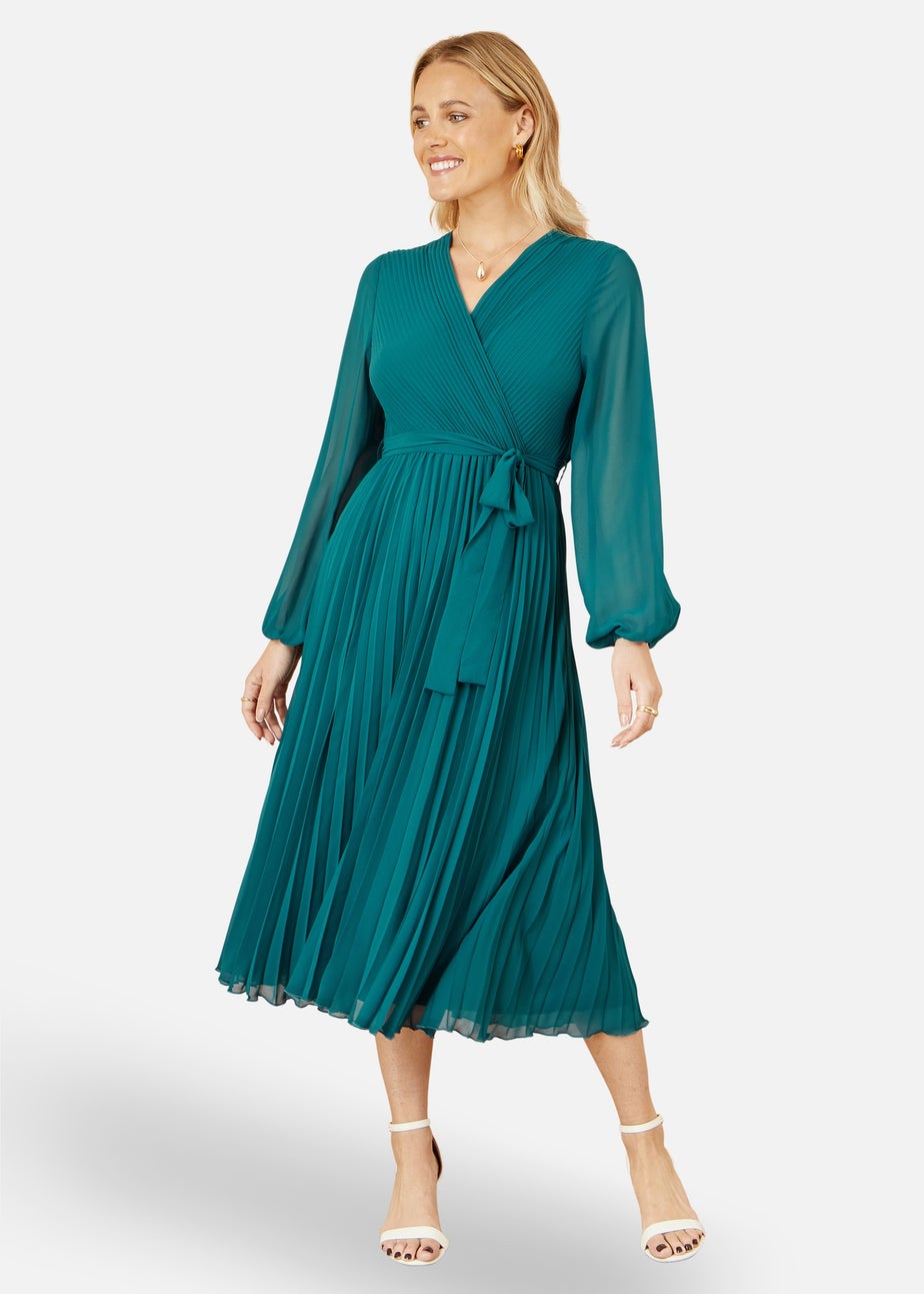 Yumi Teal Pleated Wrap Midi Dress With Sheer Long Sleeves