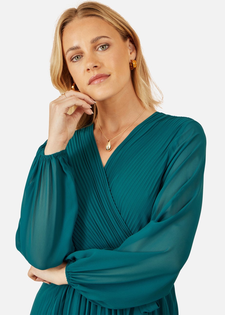 Yumi Teal Pleated Wrap Midi Dress With Sheer Long Sleeves