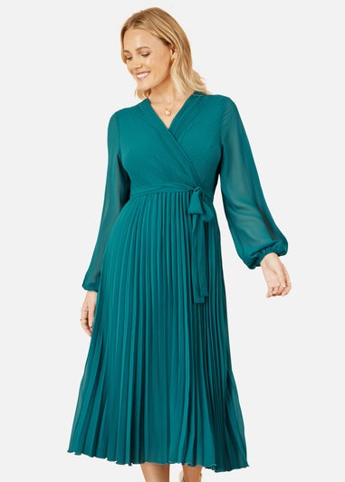 Yumi Teal Pleated Wrap Midi Dress With Sheer Long Sleeves