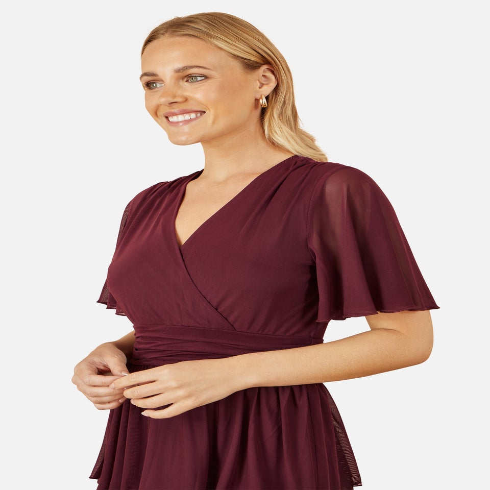 Yumi Burgundy Mesh Tiered Maxi Dress
