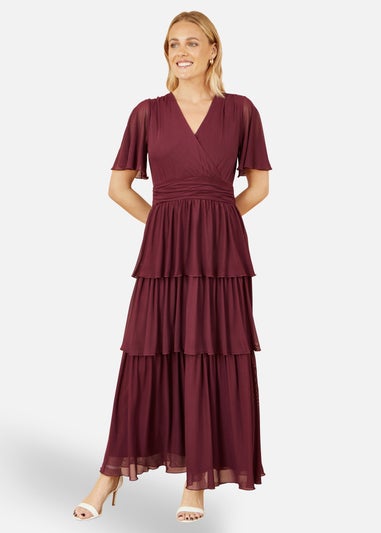 Yumi Burgundy Mesh Tiered Maxi Dress