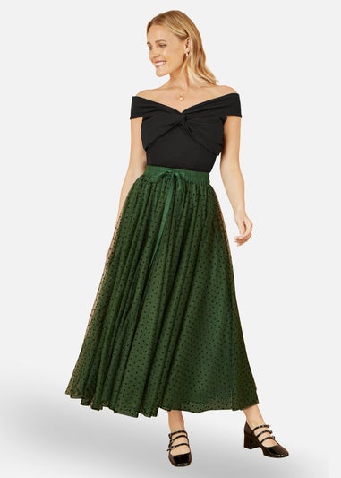 Yumi Green Mesh Heart Print Tulle Skirt