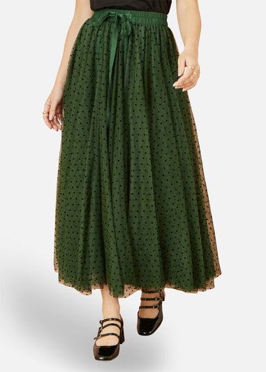 Yumi Green Mesh Heart Print Tulle Skirt