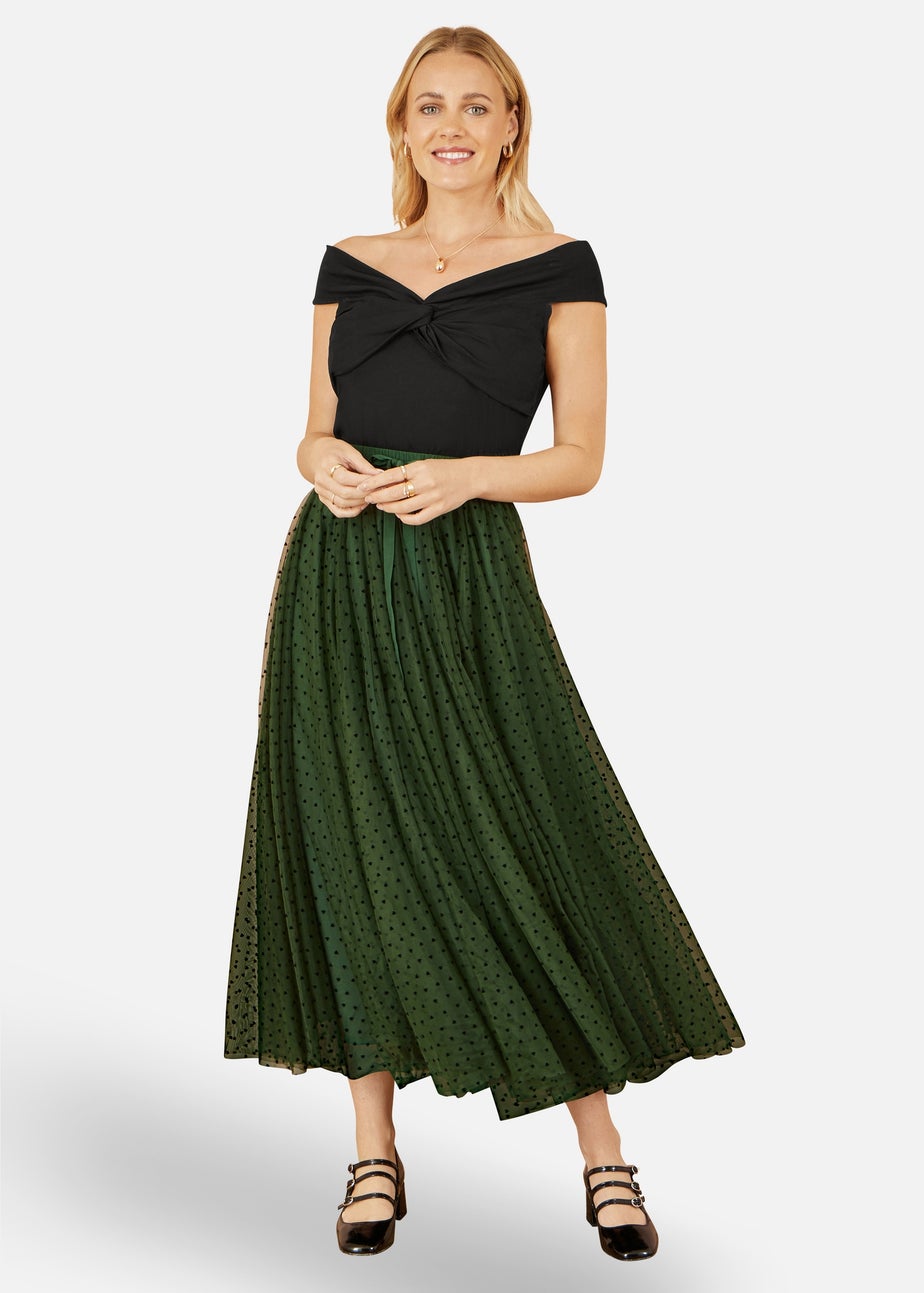 Yumi Green Mesh Heart Print Tulle Skirt