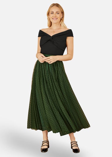 Yumi Green Mesh Heart Print Tulle Skirt