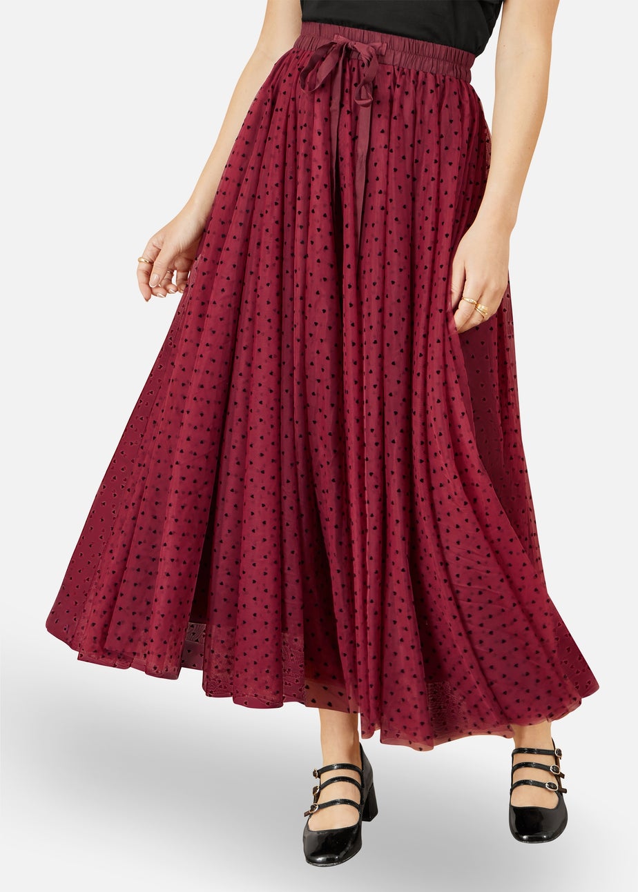Yumi Burgundy Mesh Heart Print Tulle Skirt