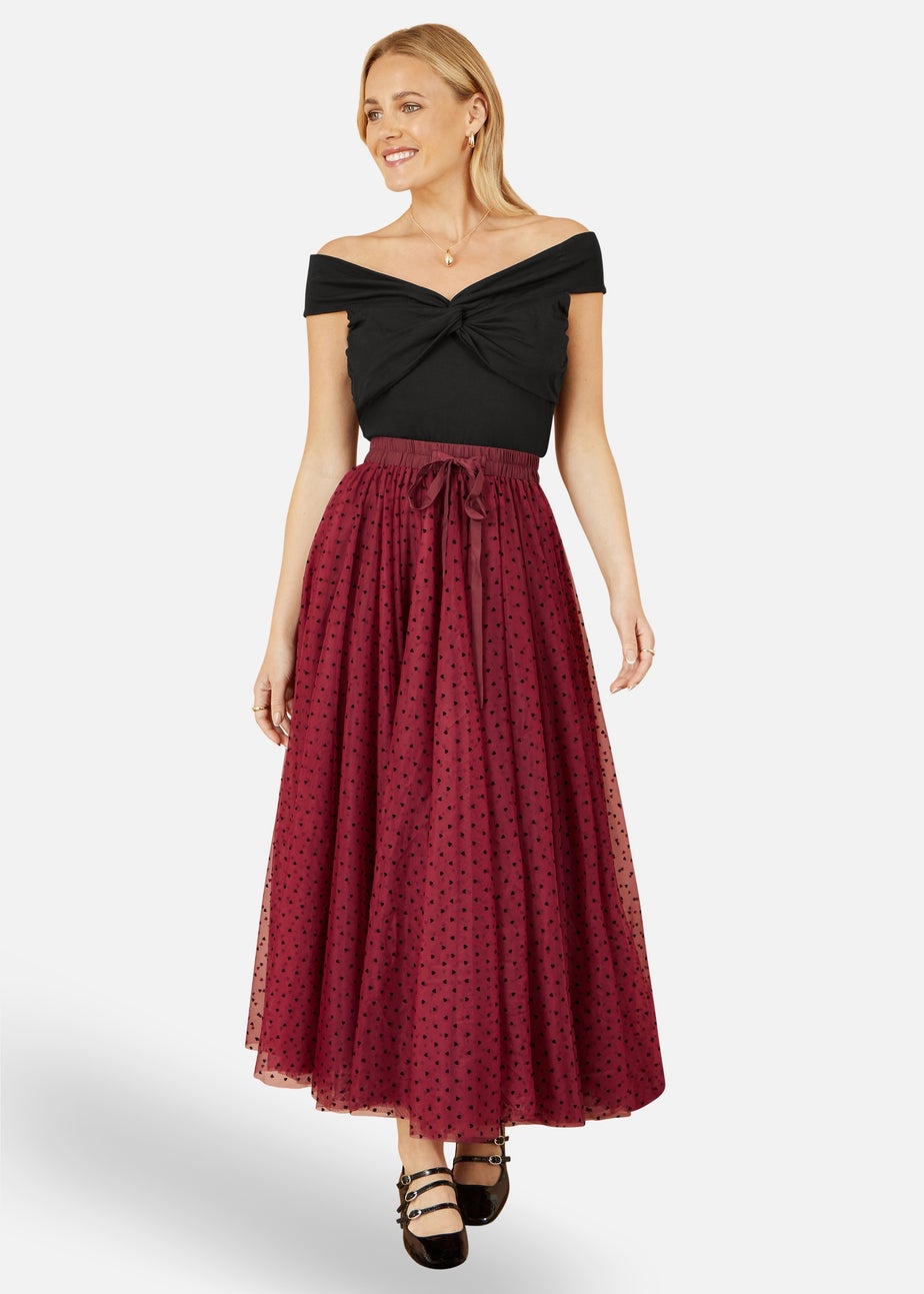 Yumi Burgundy Mesh Heart Print Tulle Skirt