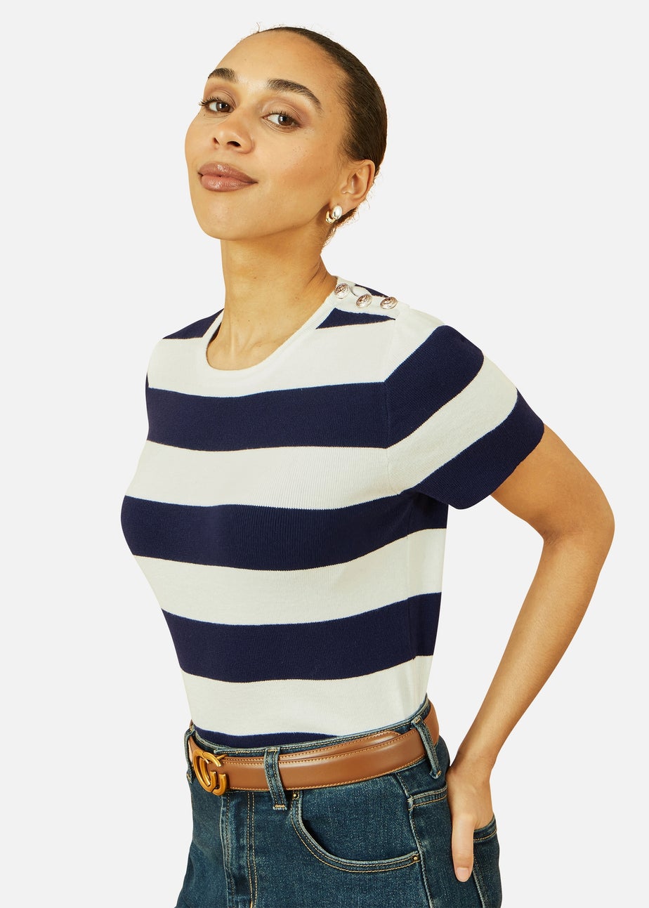 Yumi Navy Block Stripe Knitted Top With Button Details