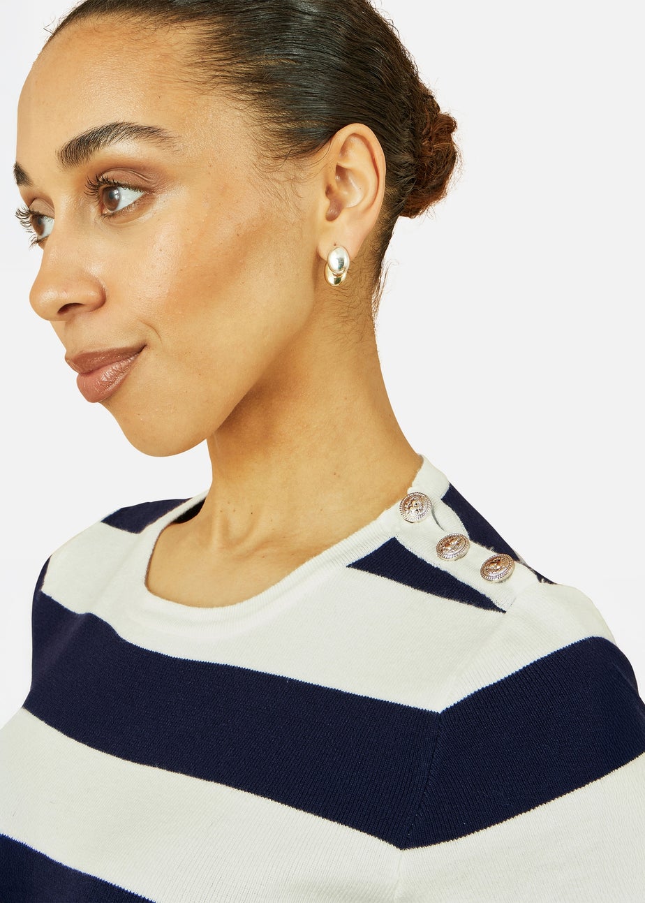 Yumi Navy Block Stripe Knitted Top With Button Details