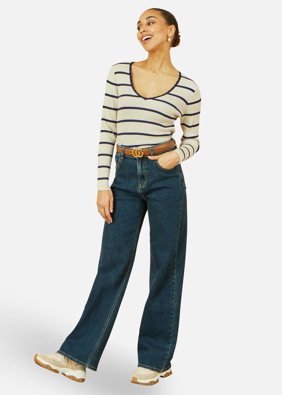 Yumi White Metallic Stripe Knitted Ribbed Top