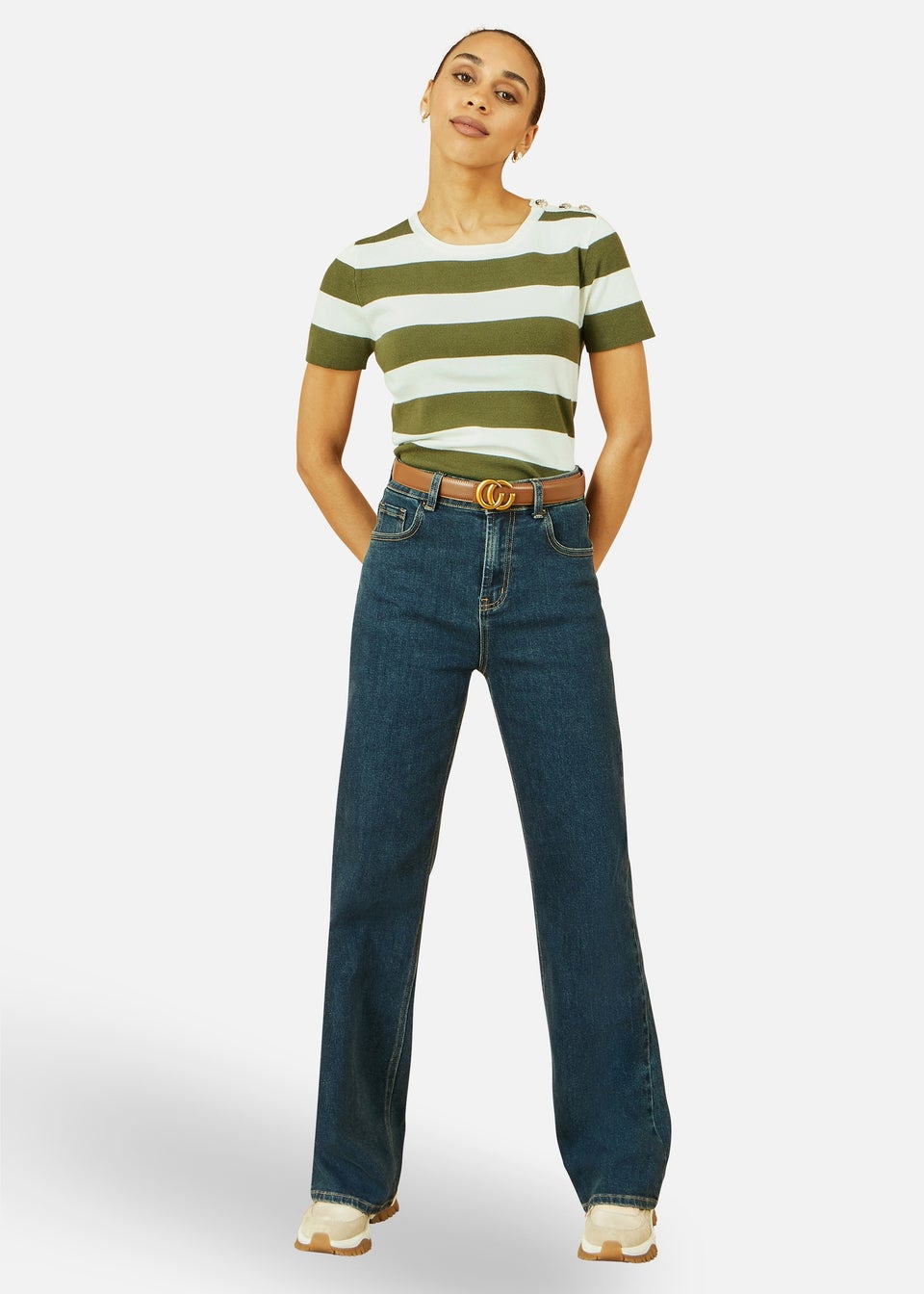Yumi Green Block Stripe Knitted Top With Button Details
