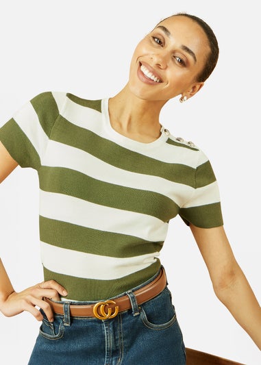 Yumi Green Block Stripe Knitted Top With Button Details