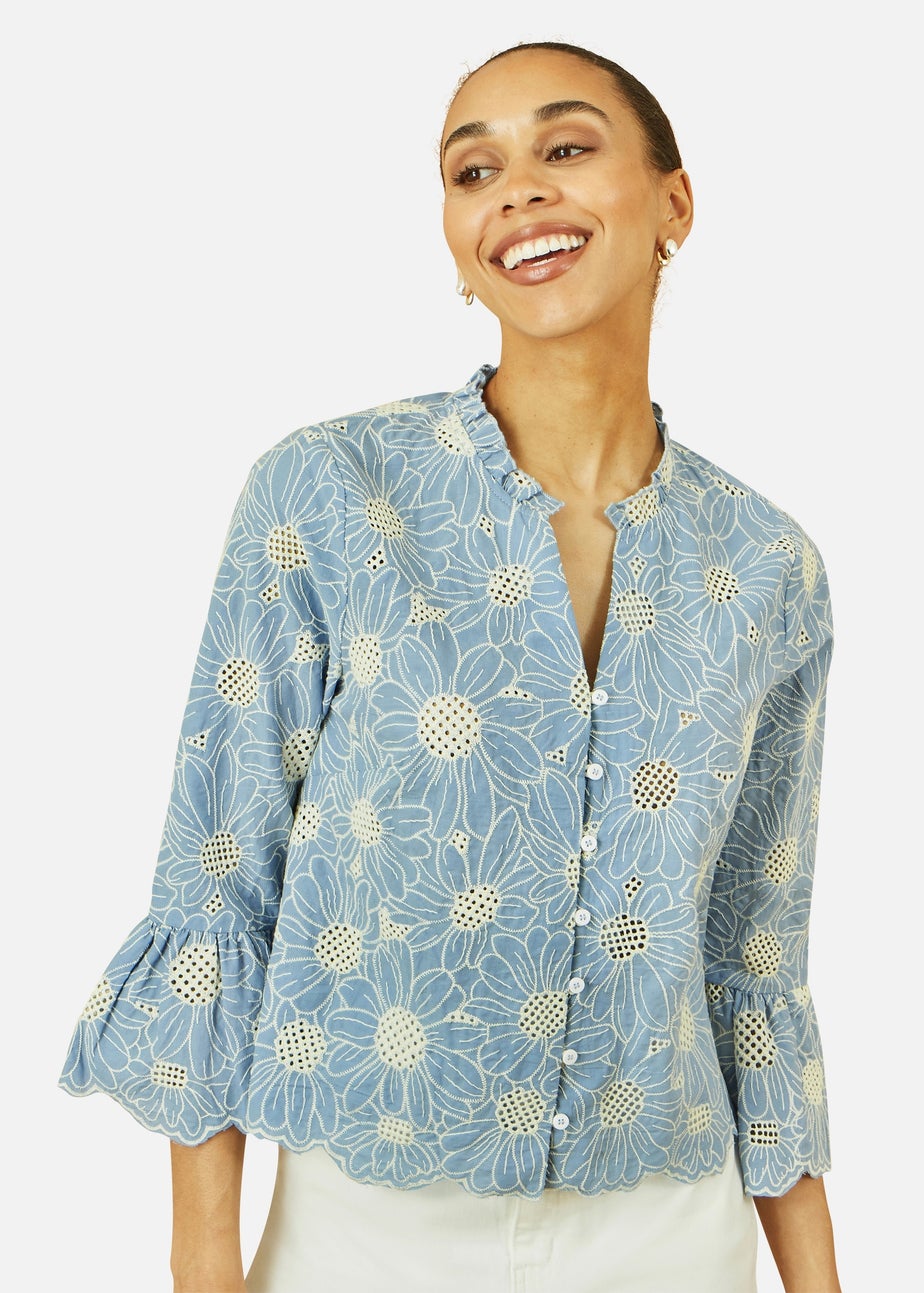 Yumi Blue Daisy Broderie Shirt With Fluted Sleeves