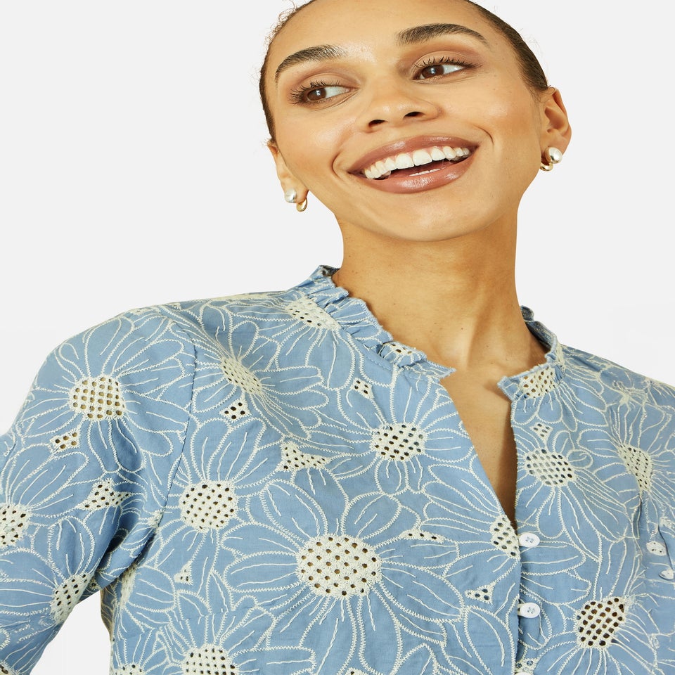 Yumi Blue Daisy Broderie Shirt With Fluted Sleeves