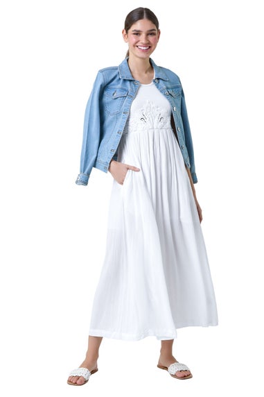 Roman White Cotton Blend Lace Detail Midi Dress