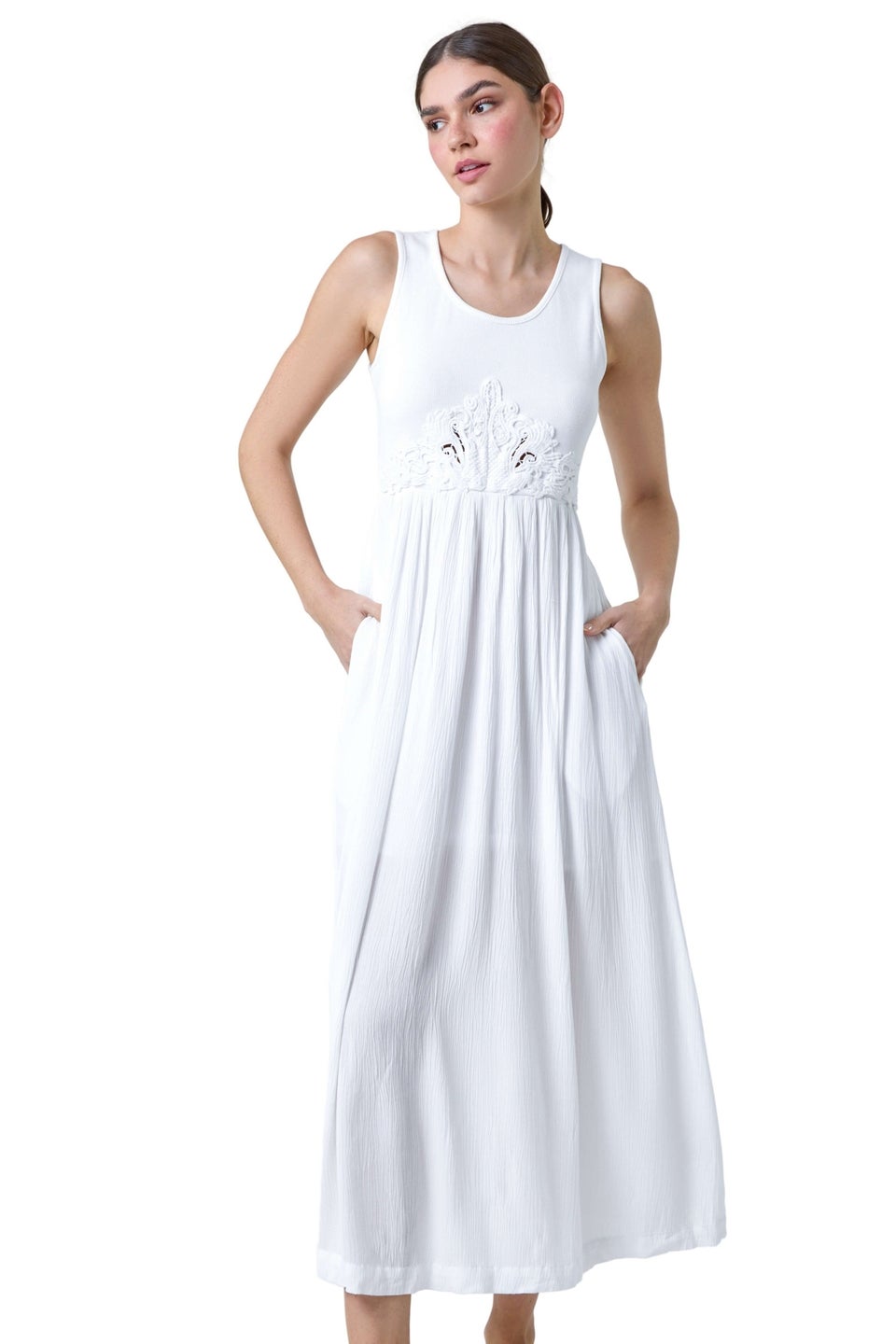 Roman White Cotton Blend Lace Detail Midi Dress