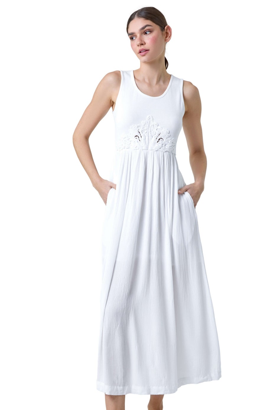 Roman White Cotton Blend Lace Detail Midi Dress