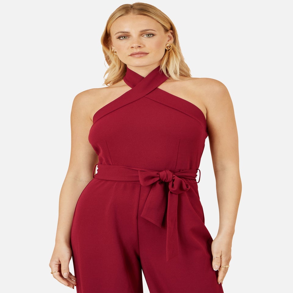 Yumi Burgundy Cross Over Halter Neck Jumpsuit
