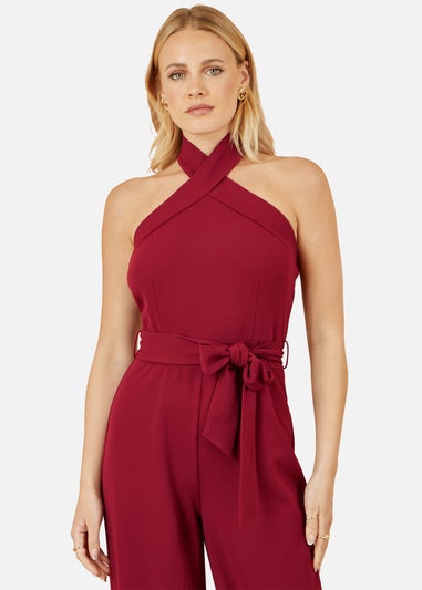 Yumi Burgundy Cross Over Halter Neck Jumpsuit
