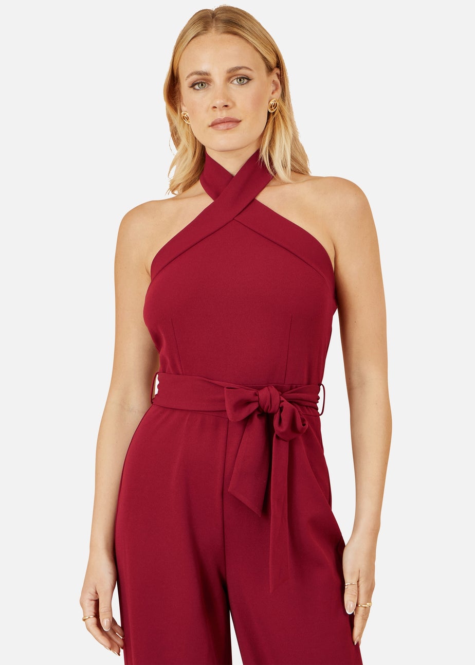 Yumi Burgundy Cross Over Halter Neck Jumpsuit
