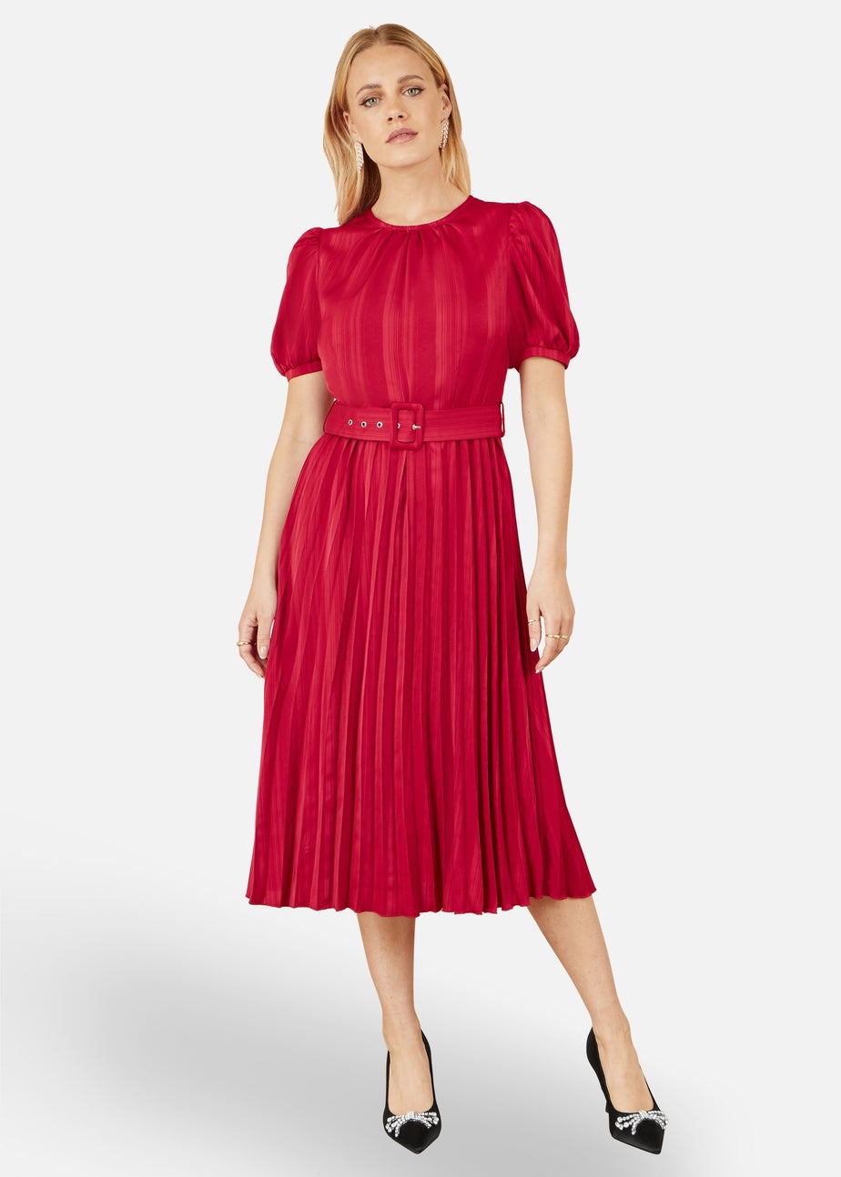 Yumi Red Satin Striped Midi Dress With Pleats & Matching Belt