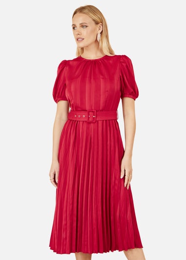 Yumi Red Satin Striped Midi Dress With Pleats & Matching Belt