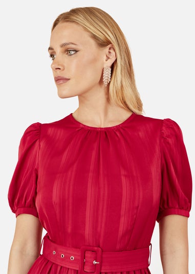 Yumi Red Satin Striped Midi Dress With Pleats & Matching Belt