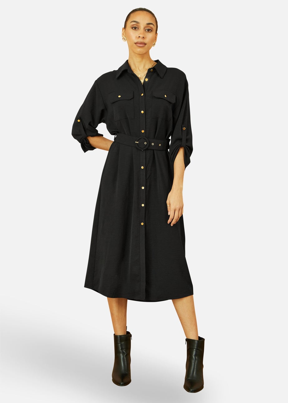 Yumi Black Stretch Midi Shirt Dress