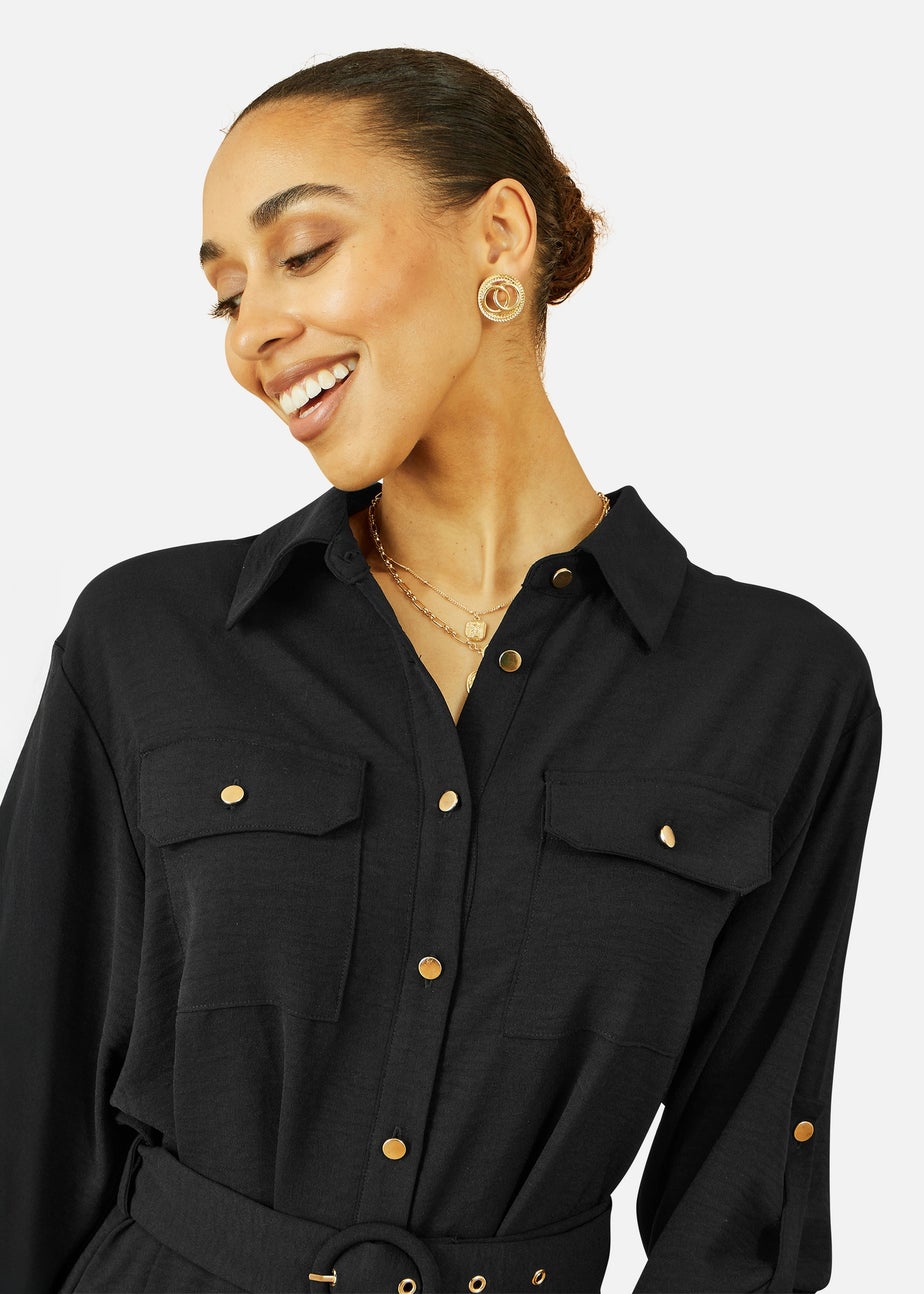 Yumi Black Stretch Midi Shirt Dress