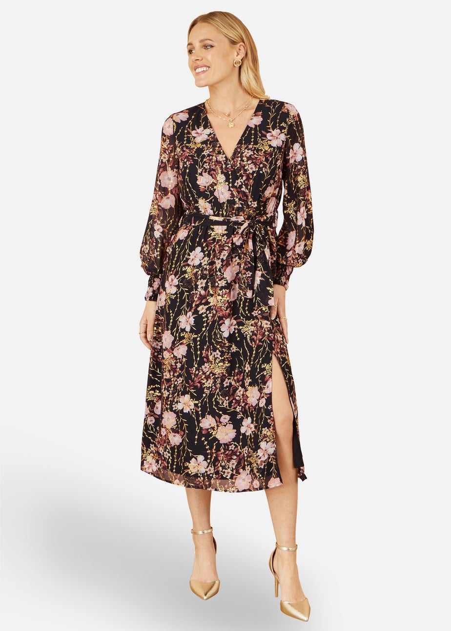 Yumi Black Foiled Floral Print Wrap Midi Dress