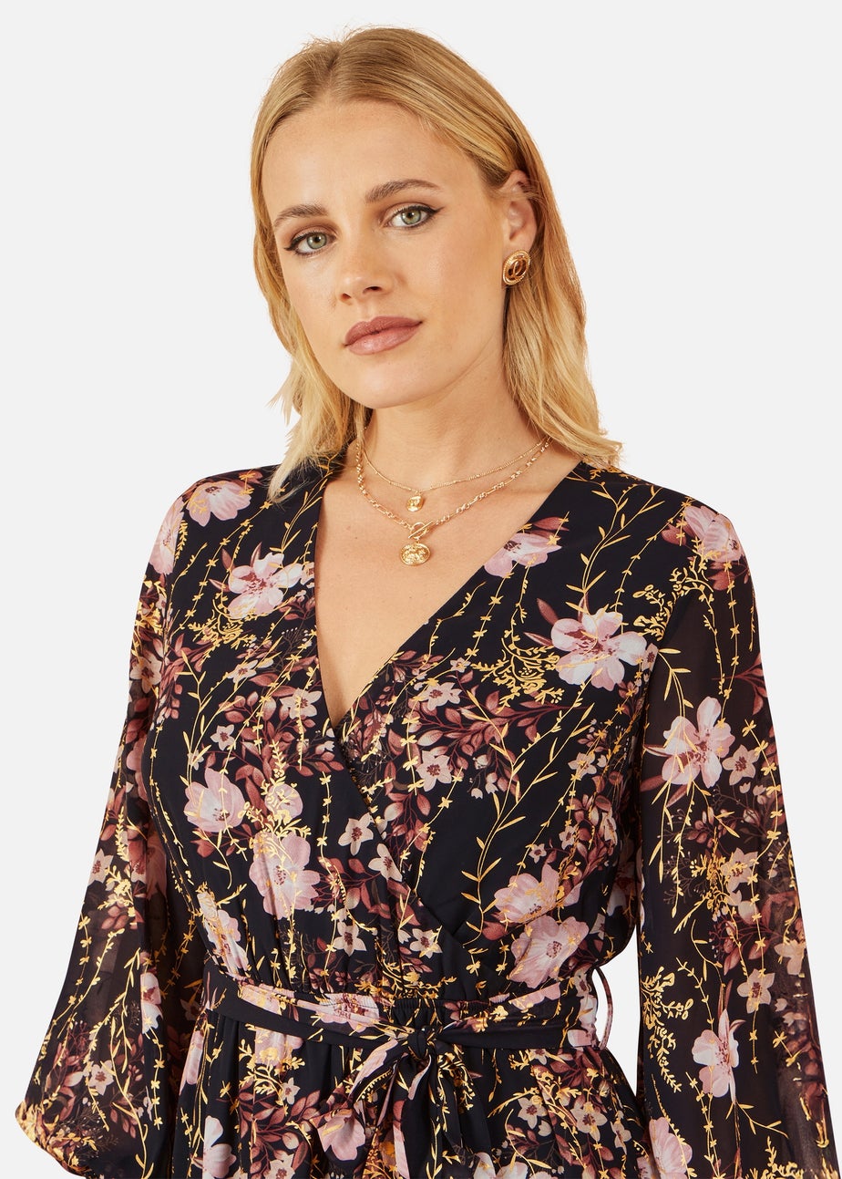 Yumi Black Foiled Floral Print Wrap Midi Dress