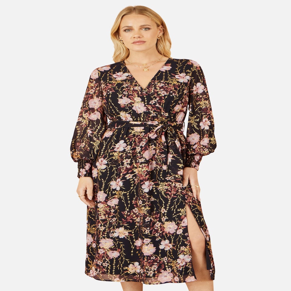 Yumi Black Foiled Floral Print Wrap Midi Dress