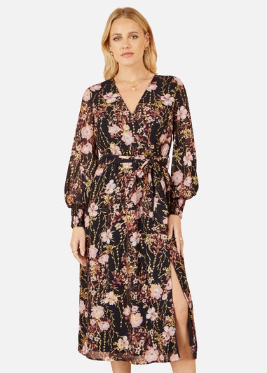 Yumi Black Foiled Floral Print Wrap Midi Dress