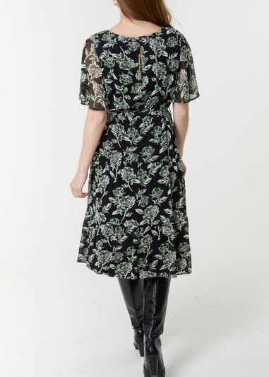 Blue Vanilla Black Floral Crew Neck Mesh Midi Dress