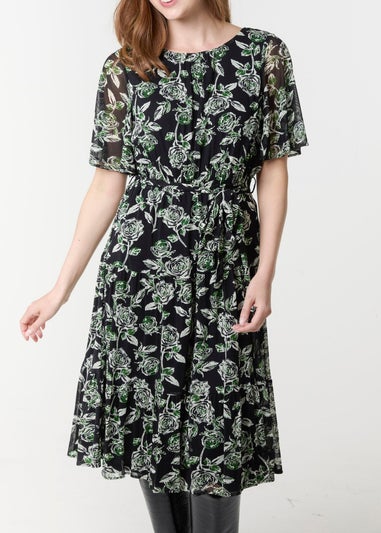 Blue Vanilla Black Floral Crew Neck Mesh Midi Dress