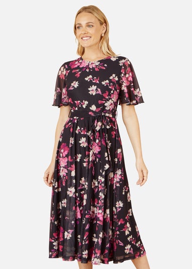 Yumi Black Mesh Skater Floral Midi Dress