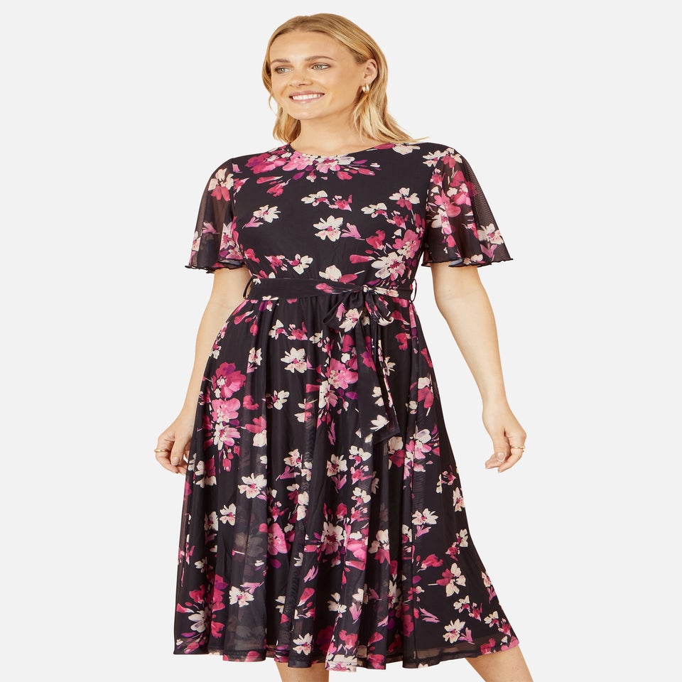 Yumi Black Mesh Skater Floral Midi Dress