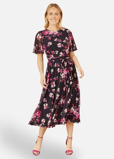 Yumi Black Mesh Skater Floral Midi Dress