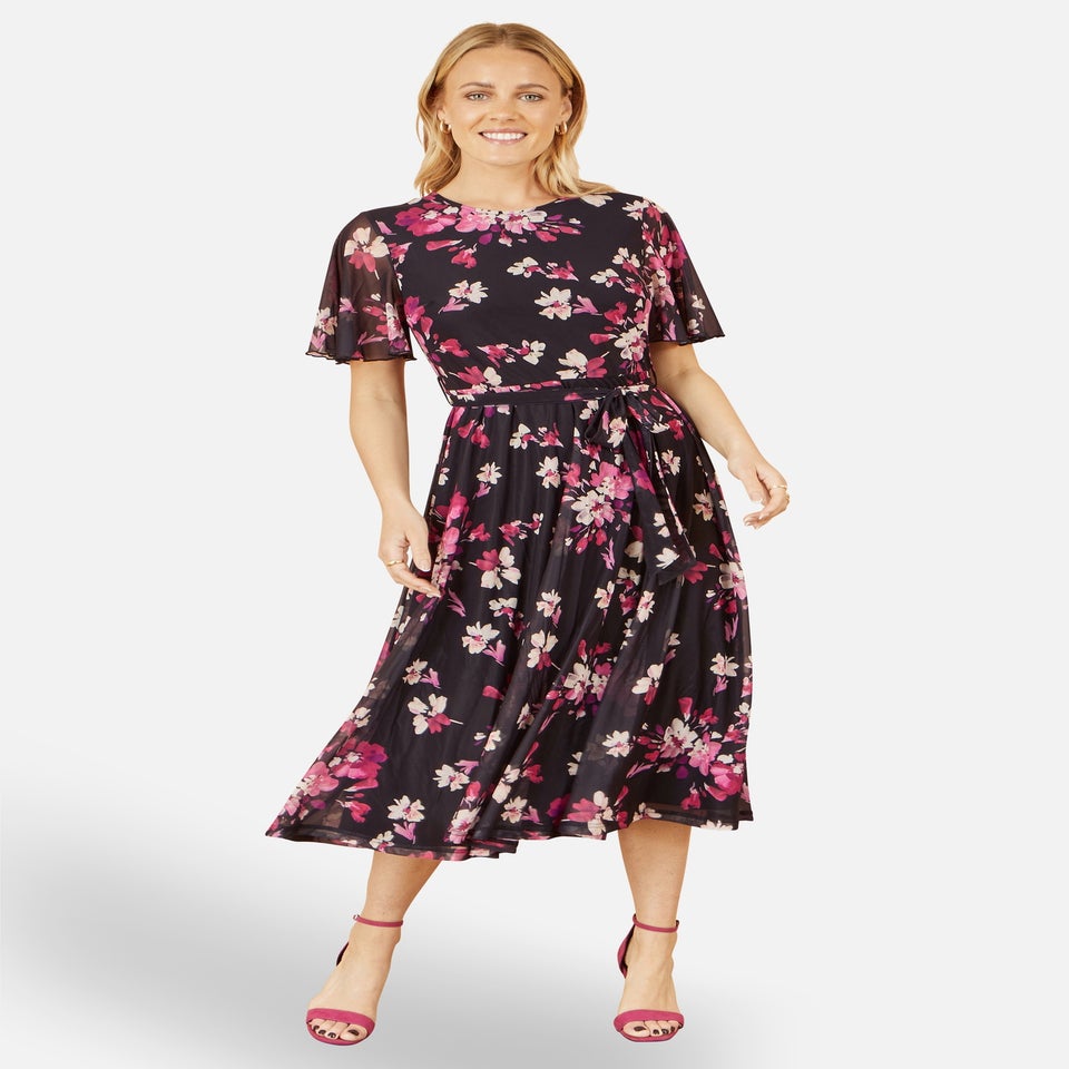 Yumi Black Mesh Skater Floral Midi Dress