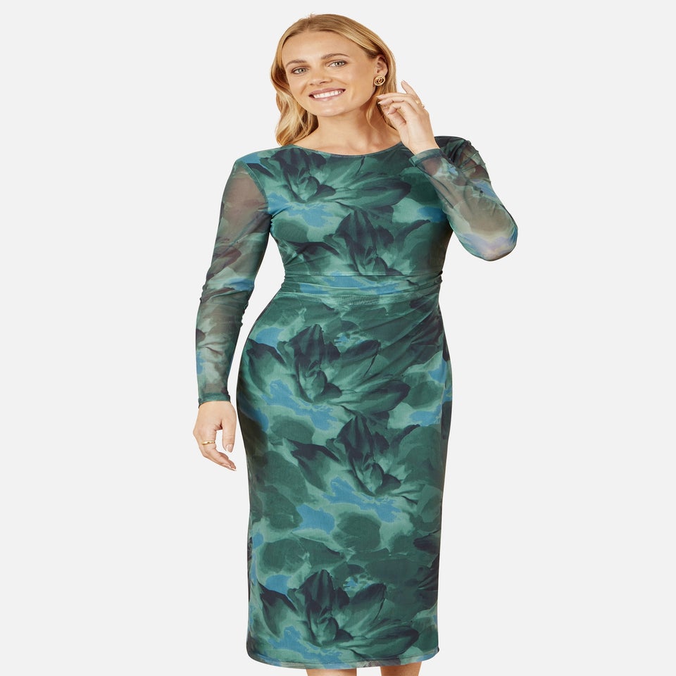 Yumi Green Floral Mesh Bodycon Dress With Tie Back